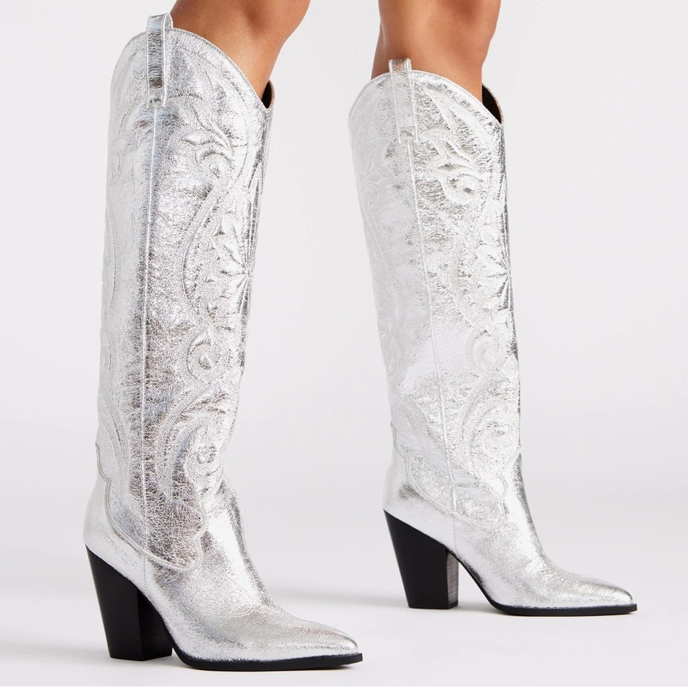 Steve Madden Silver Heeled Boots with Floral Design